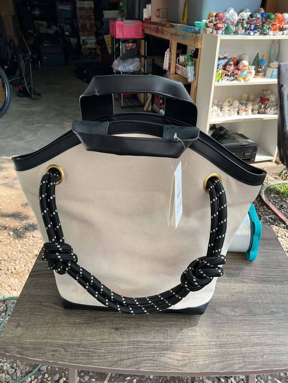 Free Assembly Canvas and Faux Leather Rope Handle Tote Bag
